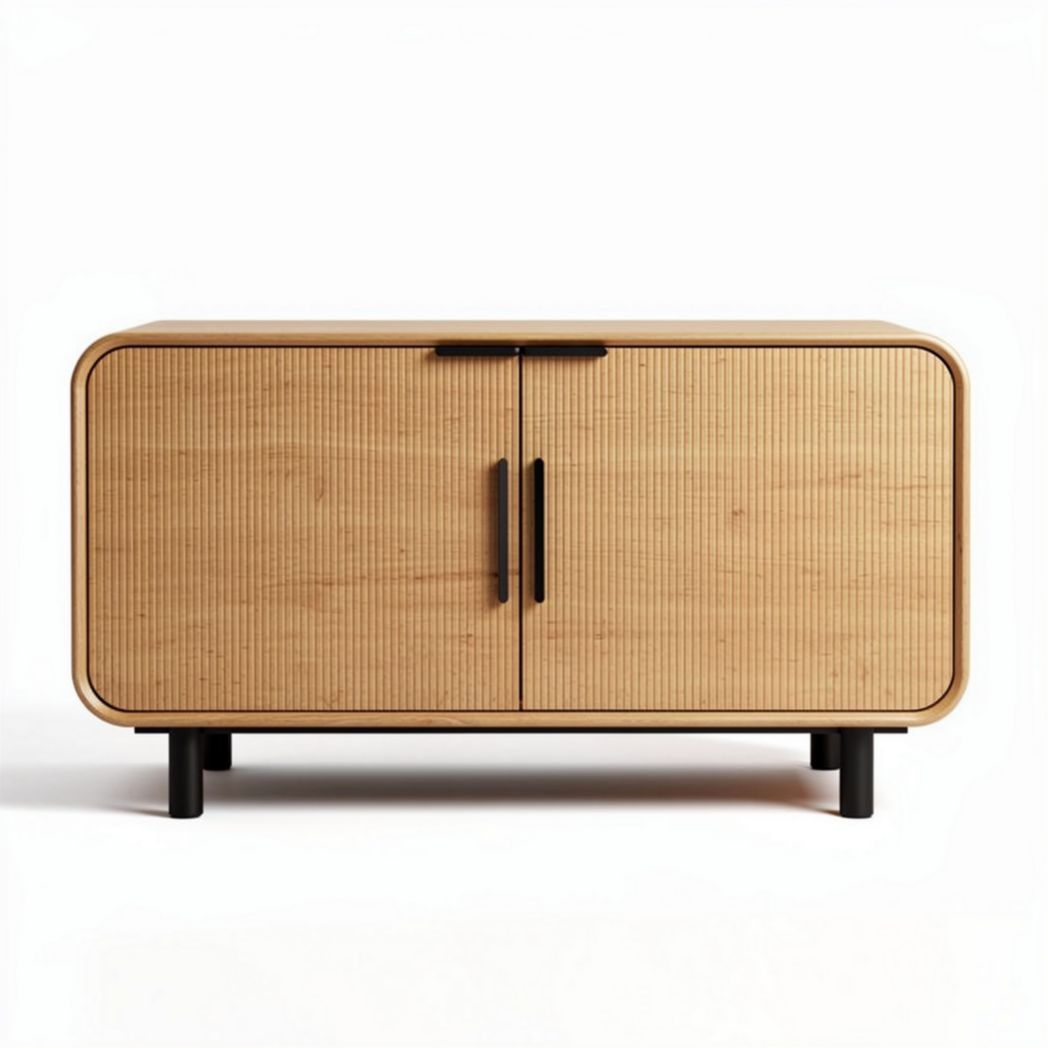 Bamboo sideboard cabinet with double doors and black metal legs 100 x 40 x 50cm