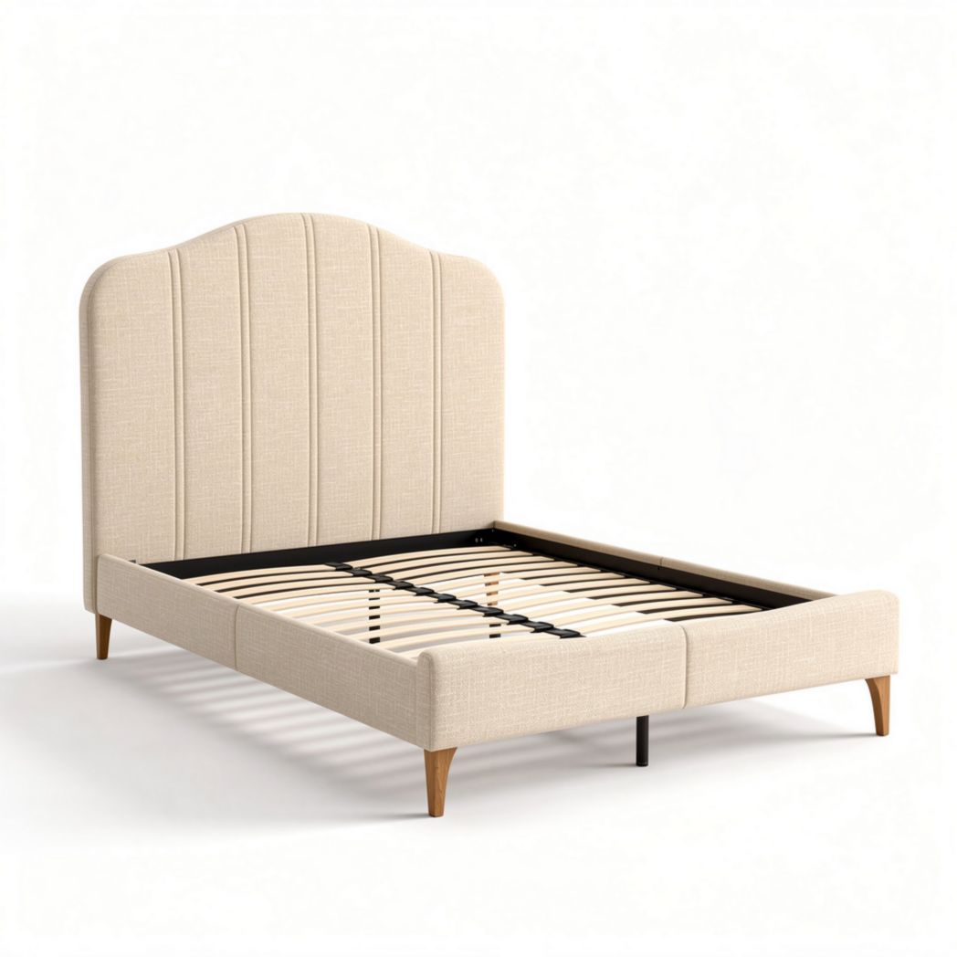 Upholstered twin bed frame with wooden legs and slatted support 206 x 160 x 100cm