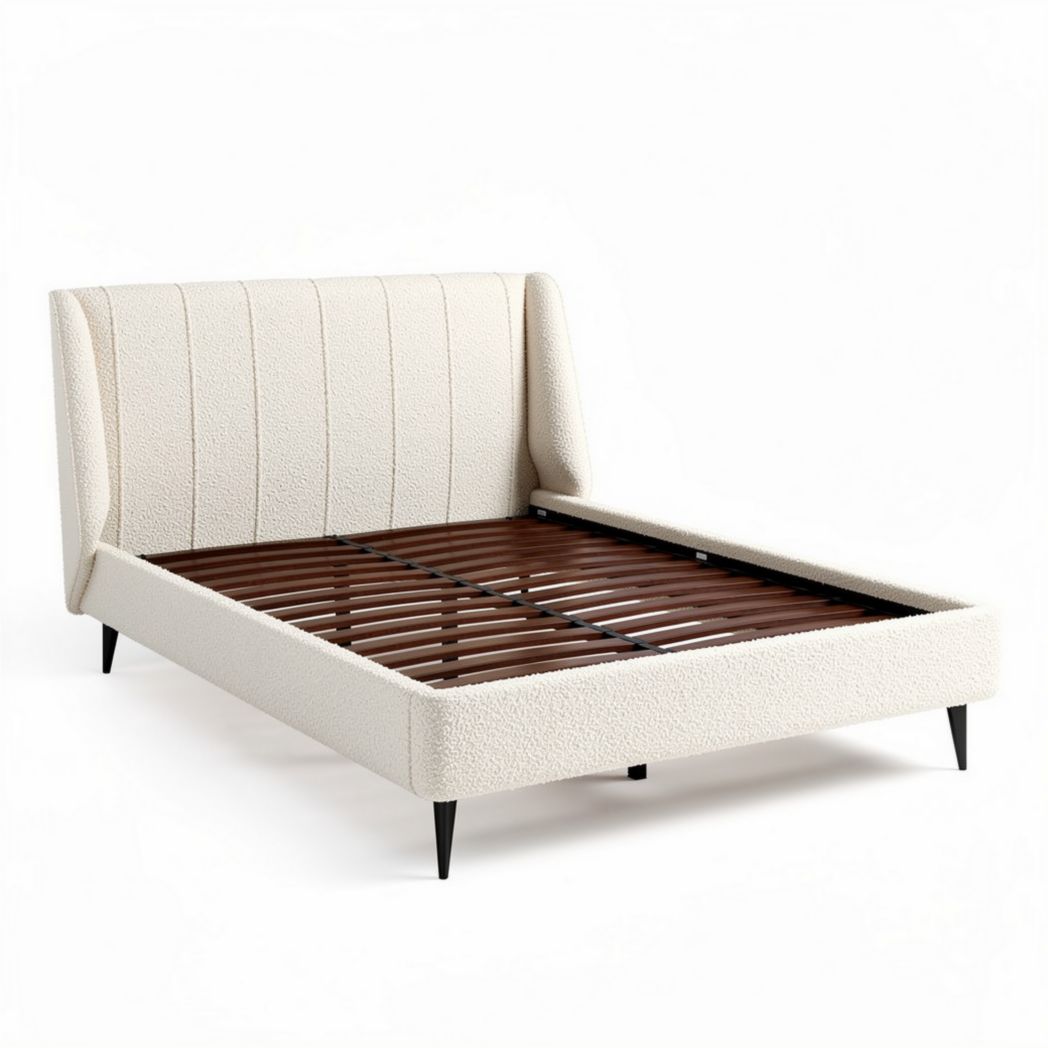 Fabric upholstered bed frame with wooden slats in off-white color 210 x 160 x 100cm
