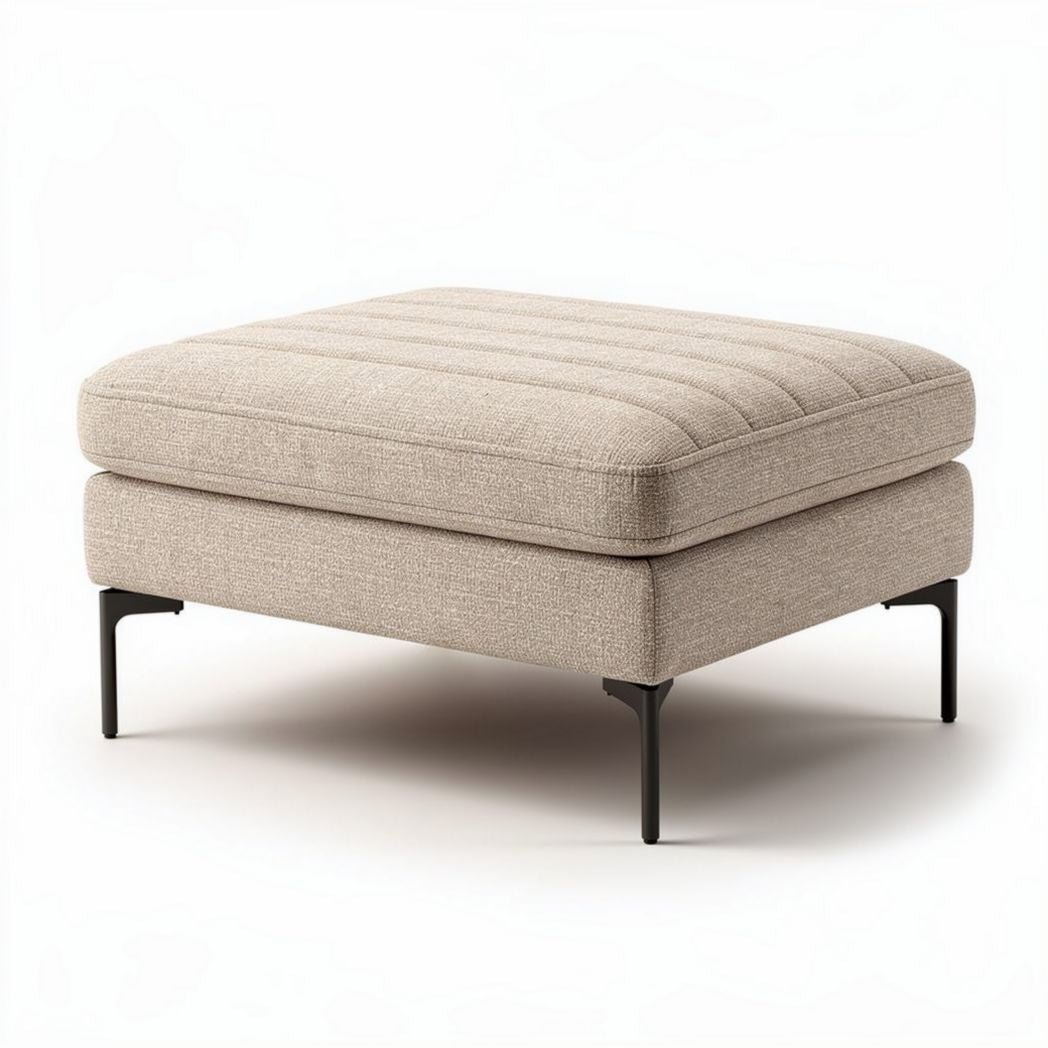Fabric ottoman in light beige with a modern design measuring 70 x 70 x 40cm