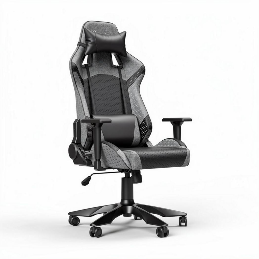 Ergonomic gaming chair with adjustable armrests and lumbar support in grey