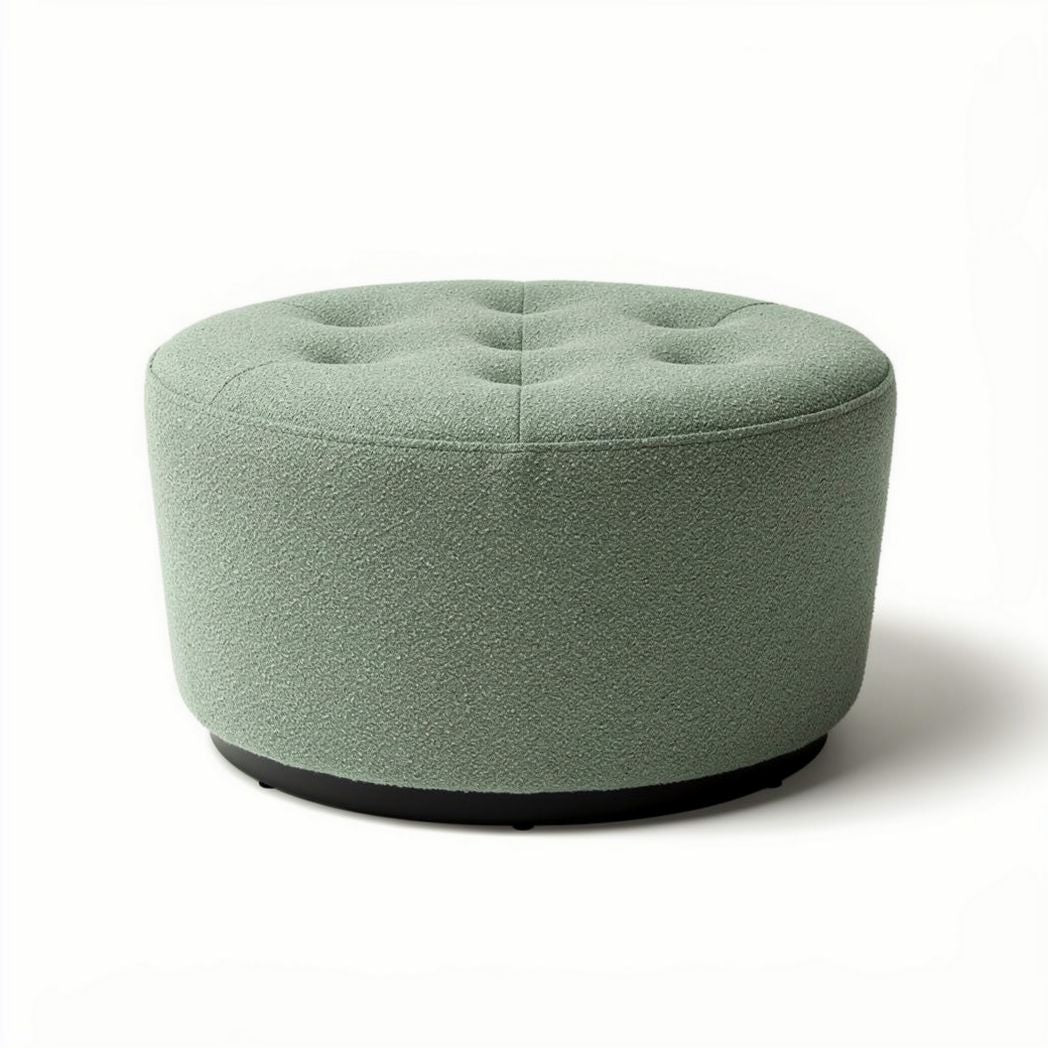 Round fabric ottoman in soft green color with tufted design 50 x 50 x 40cm