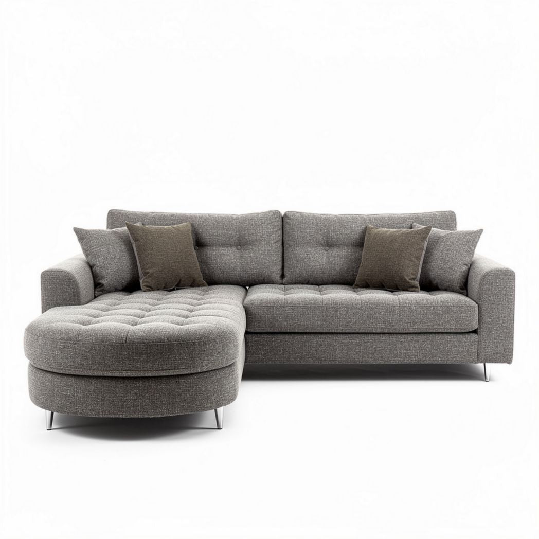 Grey fabric sectional sofa with chaise lounge and accent pillows 230 x 160 x 85cm