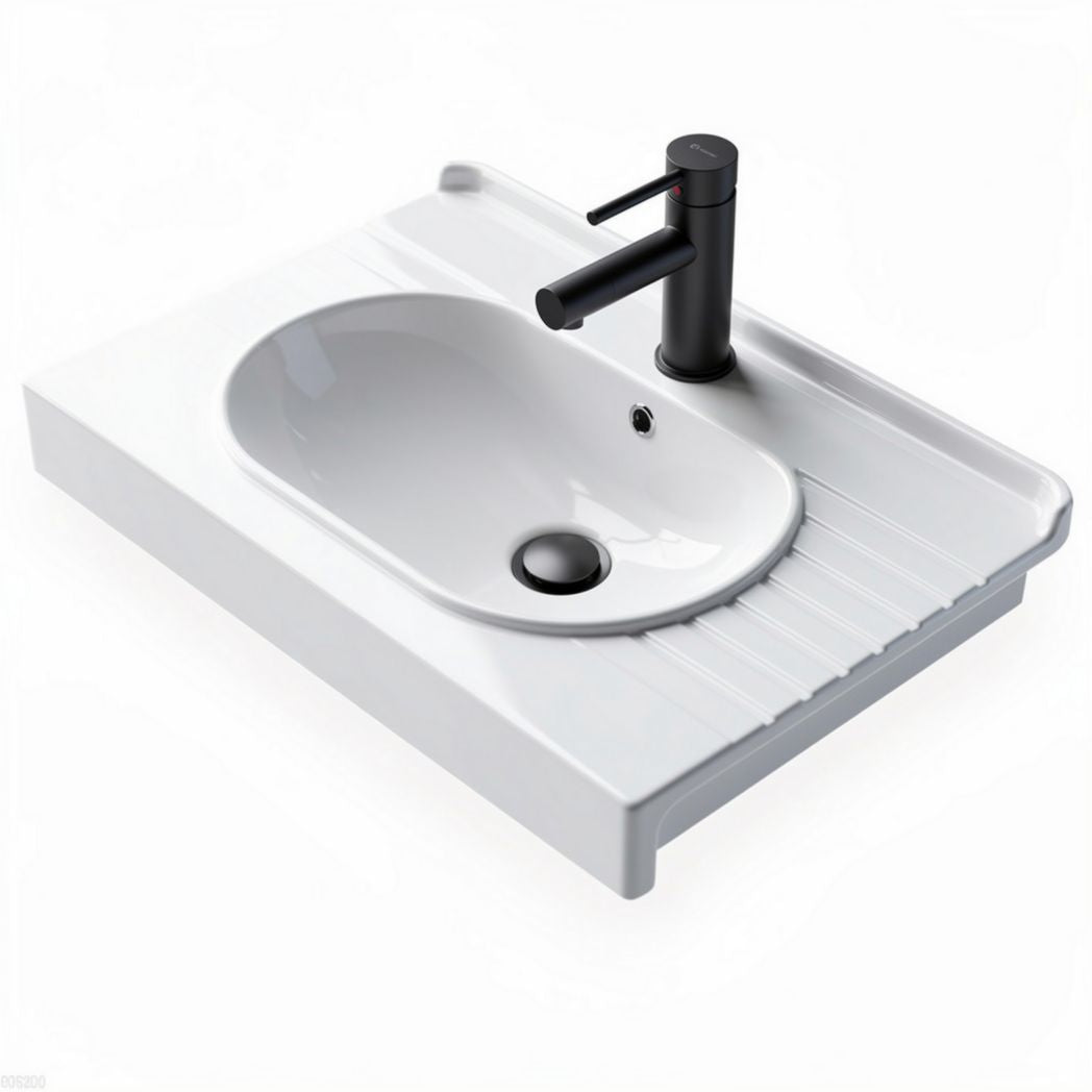 Ceramic bathroom sink with integrated drainage board and black faucet 70 x 50 x 15cm