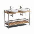 Dual sink vanity with wooden top and metal frame suitable for bathroom use