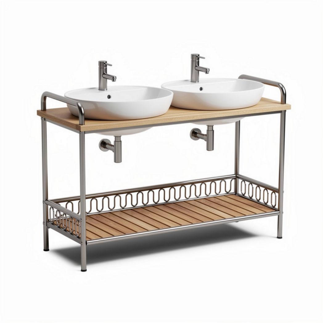 Dual sink vanity with wooden top and metal frame suitable for bathroom use