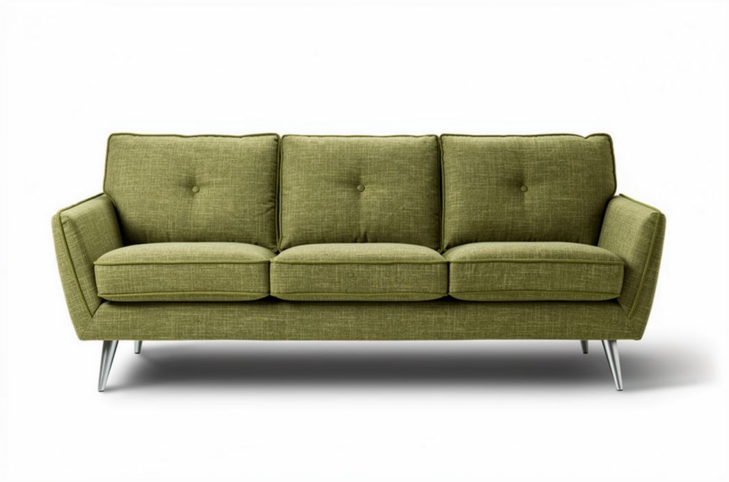 Green fabric sofa with five cushions and stainless steel legs 200 x 90 x 80cm