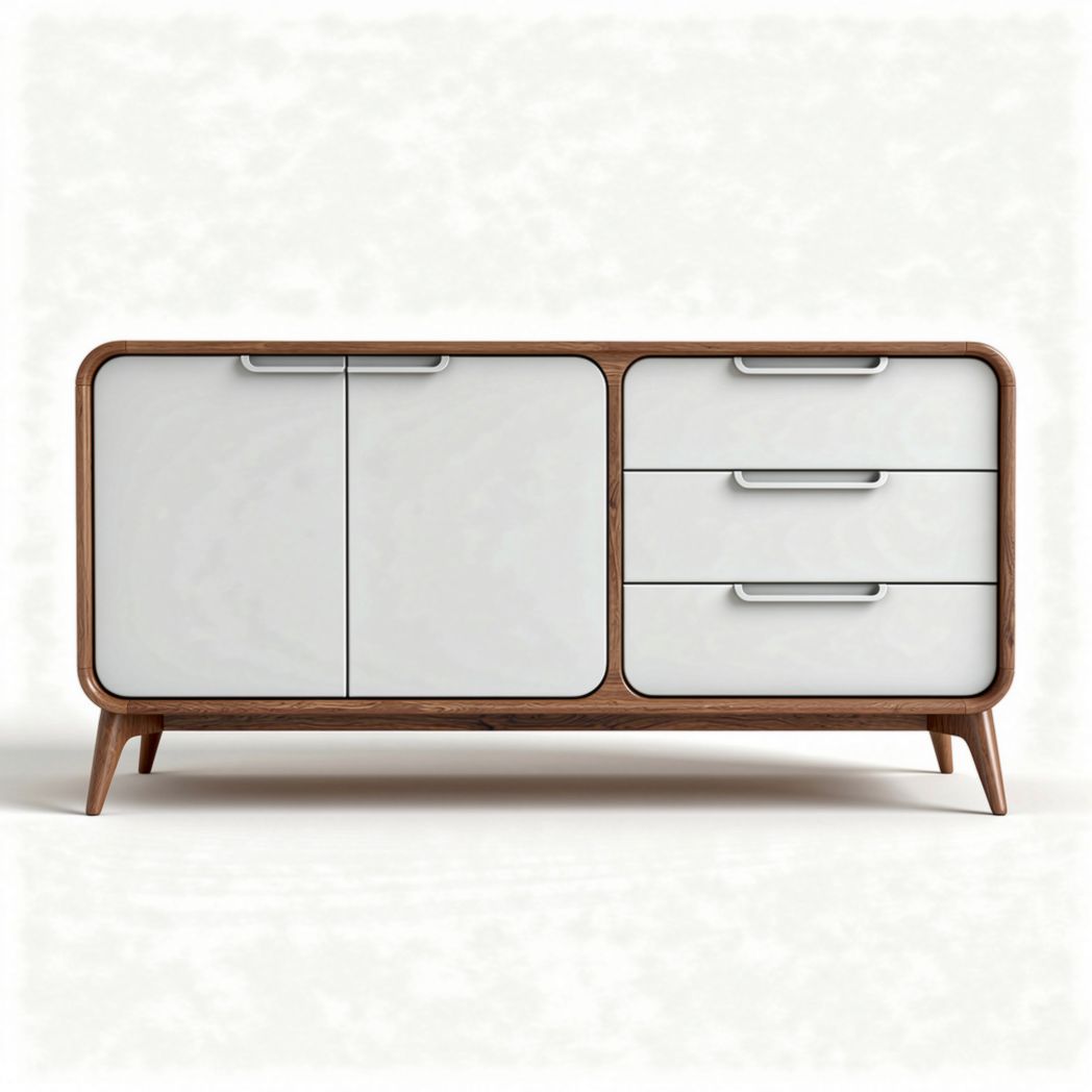 Wooden sideboard cabinet with white doors and three drawers 150 x 50 x 75cm